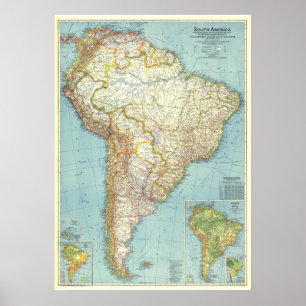" South America: 1942 Detailed coloured MAP ... Poster
