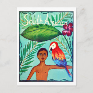 South America, boy with exotic parrot, vintage Postcard