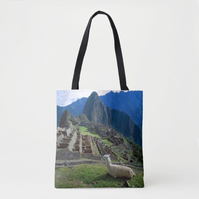 South America, Peru. A llama rests on a hill Tote Bag (Front)