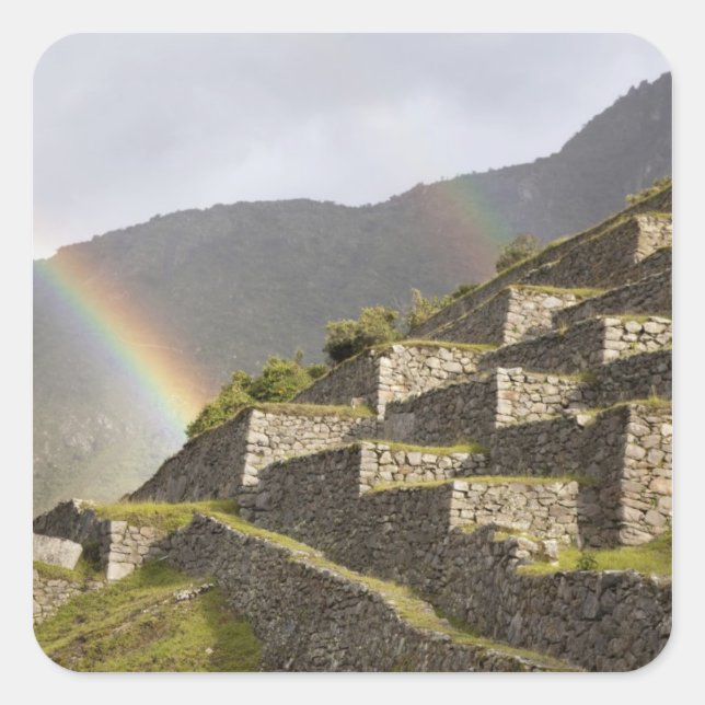 South America, Peru, Machu Picchu. Rainbows over Square Sticker (Front)