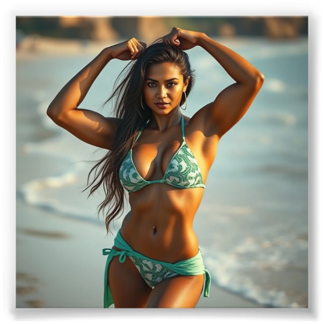South Asian Fitness Model in Swimwear on Beach Photo Print (Front)