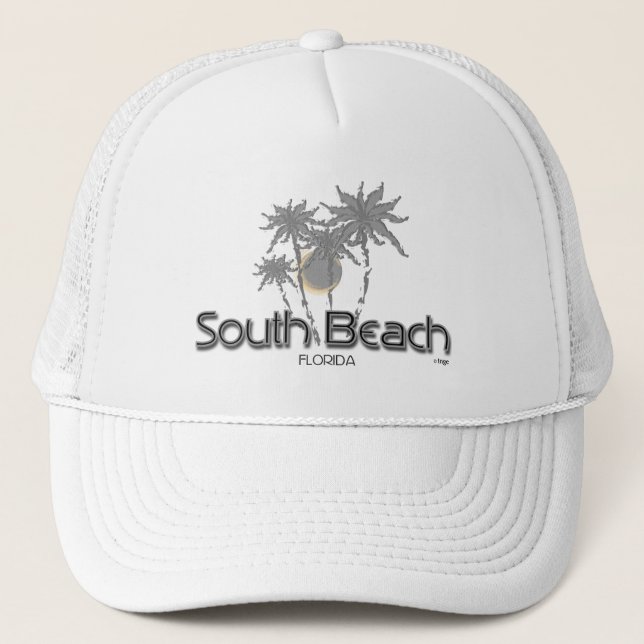 South Beach, Florida Graphic Grey Palms Cool Trucker Hat (Front)