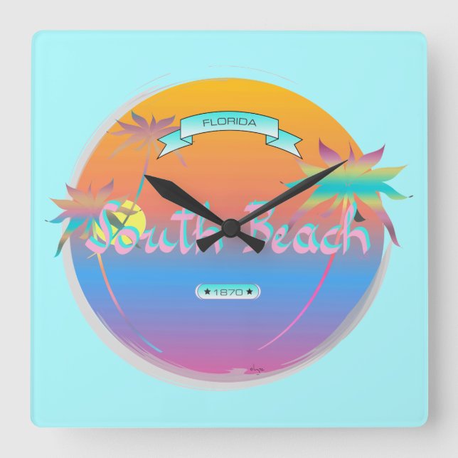 South Beach, Miami, Florida with Palms Wall Clock (Front)