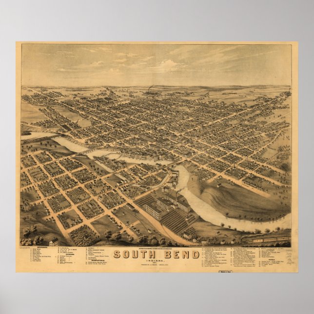 South Bend Indiana 1874 Antique Panoramic Map Poster (Front)