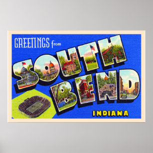South Bend Indiana Vintage Large Letter Postcard Poster