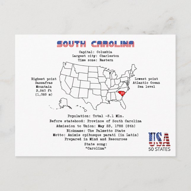 South Carolina American state on a map and details Holiday Postcard (Front)