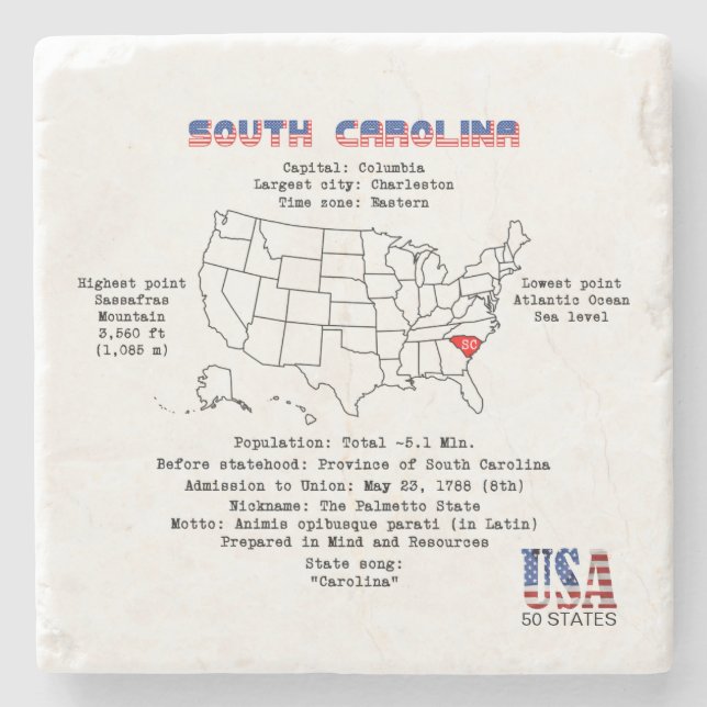 South Carolina American state on a map and details Stone Coaster (Front)