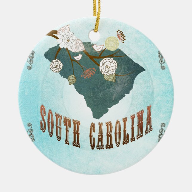 South Carolina Map With Lovely Birds Ceramic Ornament (Front)