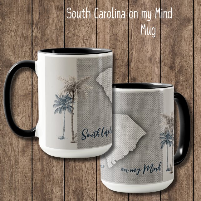 South Carolina Palm Tree Linen Mug (South Carolina on my Mind mug. A unique design of linen, SC outline, and palm trees. Perfect gift!)