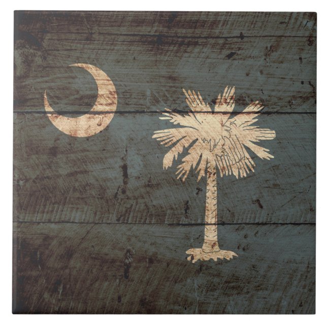 South Carolina State Flag on Old Wood Grain Ceramic Tile (Front)