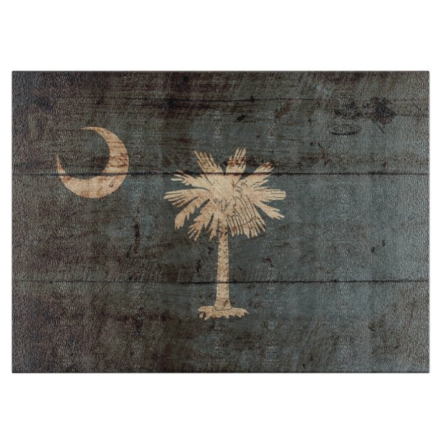 South Carolina State Flag on Old Wood Grain Cutting Board (Front)