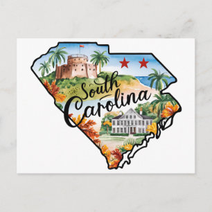 South Carolina USA State Shaped Vintage Watercolor Postcard