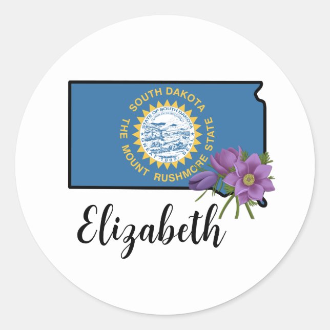 South Dakota Flag with State Flower Pasque Flower  Classic Round Sticker (Front)