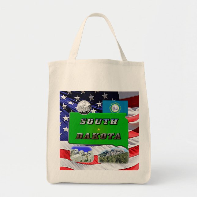 South Dakota Map, Photo Text, Faux Quarter & Flag Tote Bag (Front)