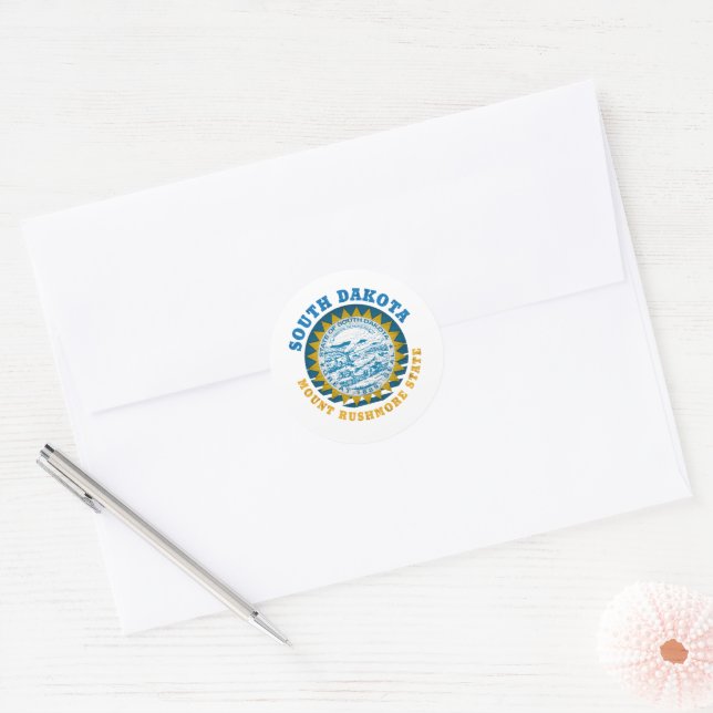 SOUTH DAKOTA MOUNT RUSHMORE STATE FLAG CLASSIC ROUND STICKER (Envelope)