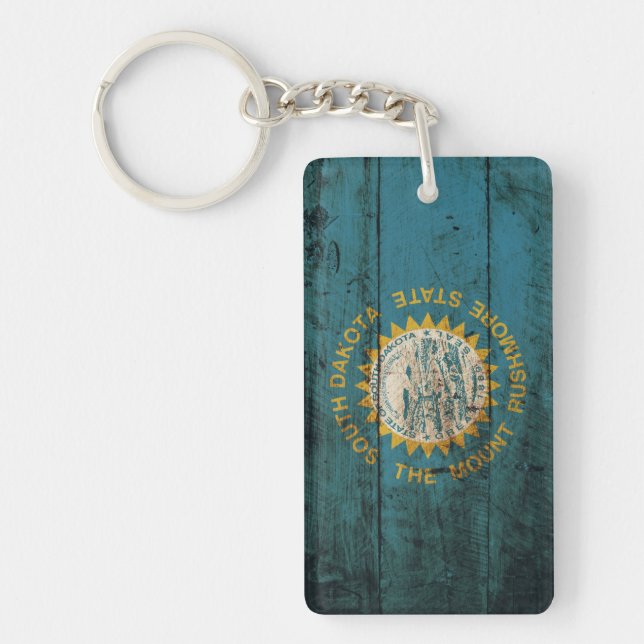 South Dakota State Flag on Old Wood Grain Key Ring (Front)