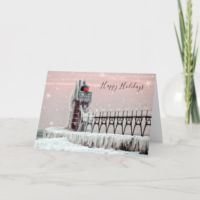 South Haven Michigan Winter Snow Lighthouse Holiday Card (Front)