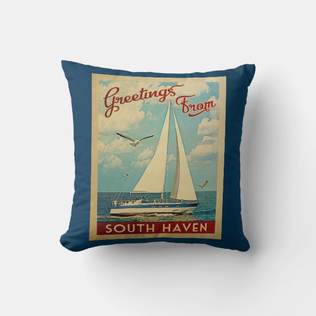 South Haven Sailboat Vintage Travel Michigan Cushion (Front)