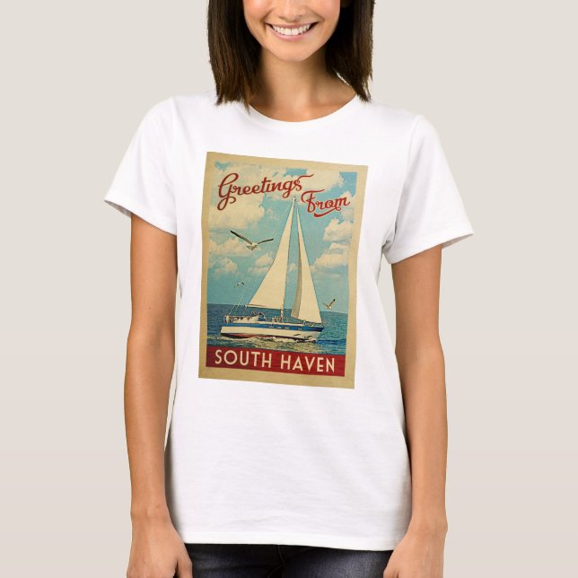 South Haven Sailboat Vintage Travel Michigan T-Shirt (Front)