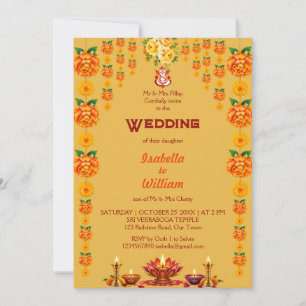 South Indian Floral Mehndi Lamp Wedding Invitation