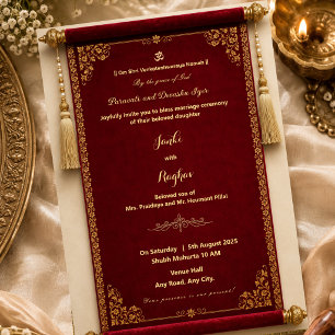 south indian red scroll wedding invitation