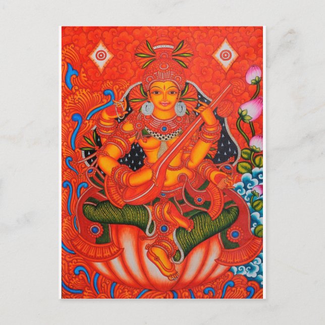 SOUTH INDIAN TANJORE SARASWATI PAINTING POSTCARD (Front)