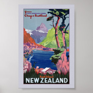 South Island New Zealand Vintage Poster Restored