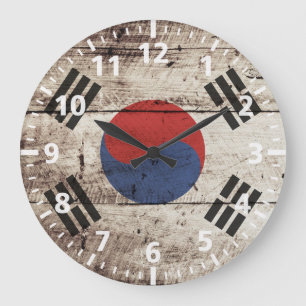 South Korea Flag on Old Wood Grain Large Clock