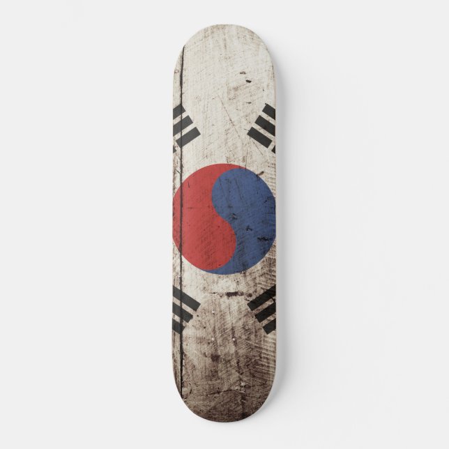 South Korea Flag on Old Wood Grain Skateboard (Front)