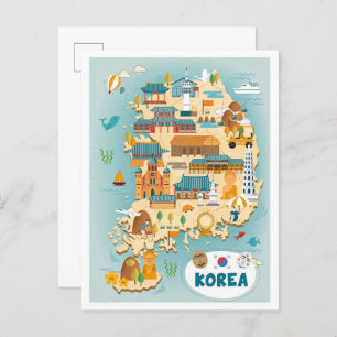 South Korea Map Art Vintage Travel Illustration Postcard