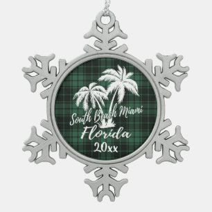 South Miami Beach Florida Palm Green Plaid Snowflake Pewter Christmas Ornament