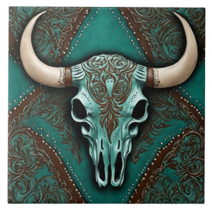 Southern Brown Teal Western Country Bull Skull Ceramic Tile