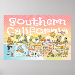 Southern California Cartoon Map Poster
