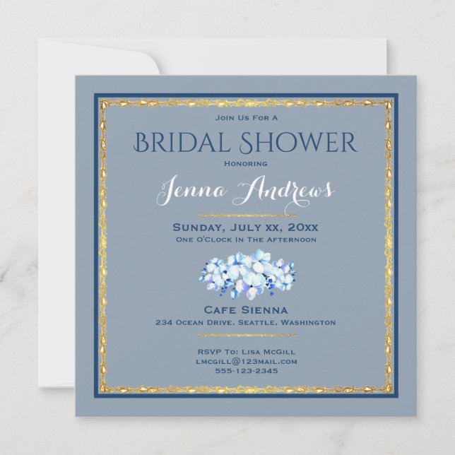 Southern Charm, Blue and Gold Bridal Shower Invitation (Front)