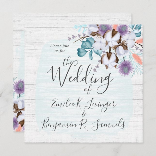 Southern Country Cotton Boll Botanical Rustic Wood Invitation (Front/Back)