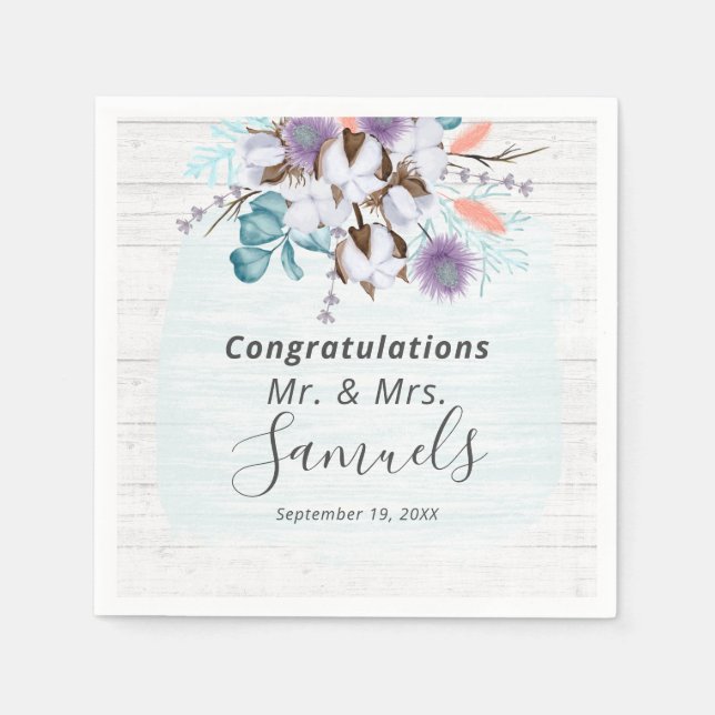 Southern Country Cotton Boll Botanical Rustic Wood Napkin (Front)