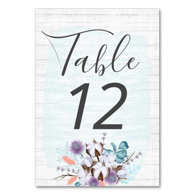 Southern Country Cotton Boll Botanical Rustic Wood Table Number (Front)