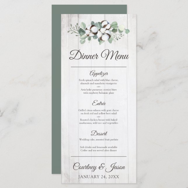 Southern Country Cotton Boll Rustic Wedding Dinner Menu (Front/Back)