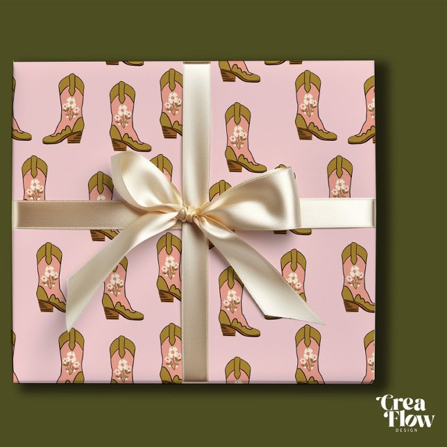 Southern Cowgirl boots Blush Pink Birthday  Wrapping Paper (Wrapping paper with Southern girl boots and flower elements, on a Pale Pink backdrop. )