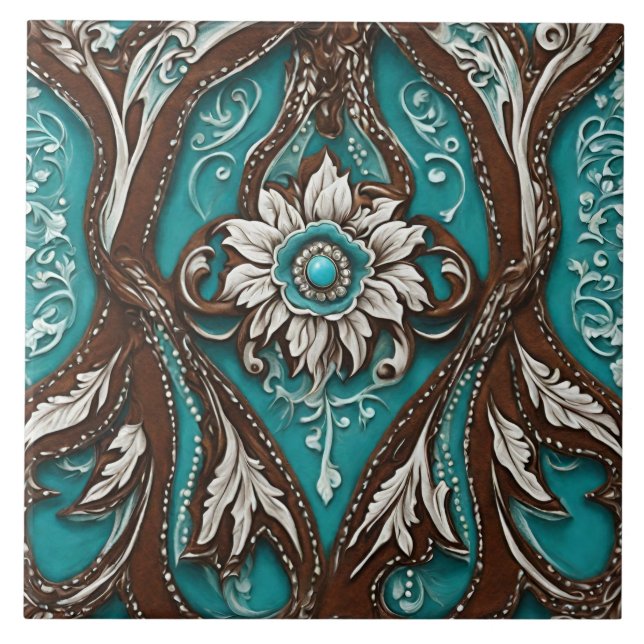 Southern Cowgirl Brown Turquoise Western Country  Ceramic Tile (Front)