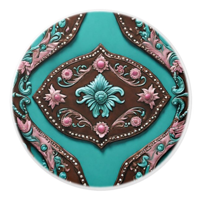 Southern Cowgirl Turquoise Pink Western Country  Ceramic Knob (Front)