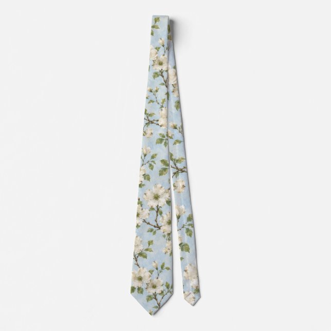 Southern Dogwood Blossom Pattern on Soft Blue Tie (Front)