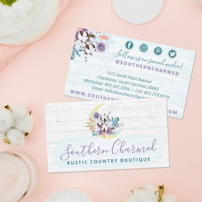 Southern Floral Cotton Moon & Wood Social Media Business Card (Creator Uploaded)