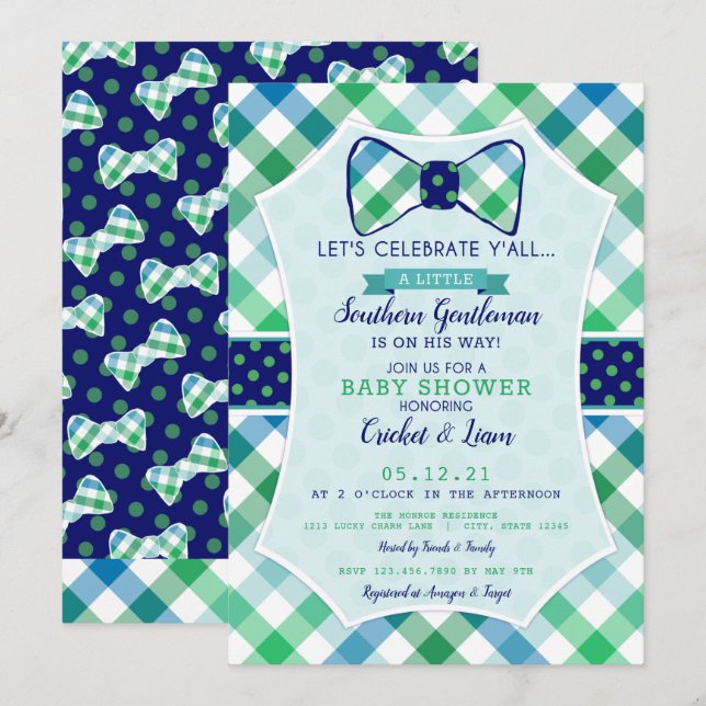 Southern Gentleman Plaid and Bowtie Baby Boy Invitation (Front/Back)