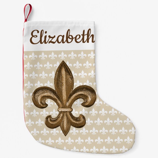 Southern Gold Fleur de Lis & Name Small Christmas Stocking (Front)