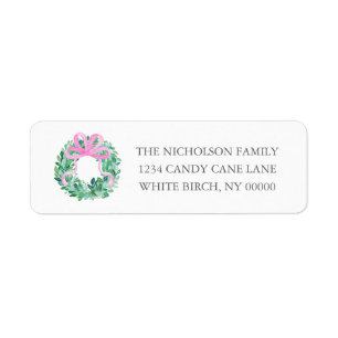 Southern Grandmillennial Pink Bow Christmas Wreath Return Address Label