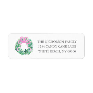 Southern Grandmillennial Pink Bow Christmas Wreath Return Address Label