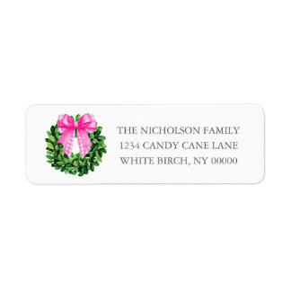 Southern Grandmillennial Pink Plaid Bow Wreath Return Address Label