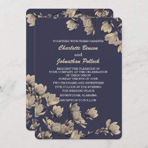 Southern Greige Magnolias Midnight Blue Wedding Invitation