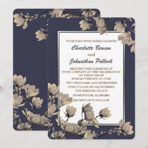Southern Greige Magnolias Midnight Blue Wedding Invitation